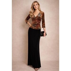 Velvet Paisley Wrap Evening Maxi Dress S Bronze Black Elegant Gown Event Glam